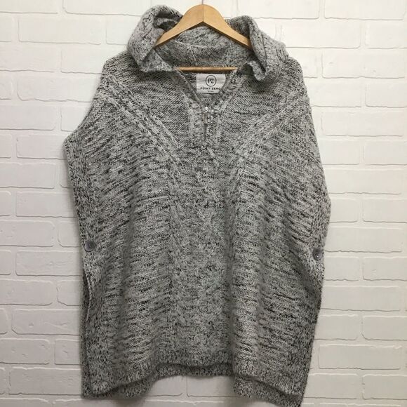 POINT Zero knit shrug poncho hoodie cardigan oversized grey white Large - Picture 14 of 14